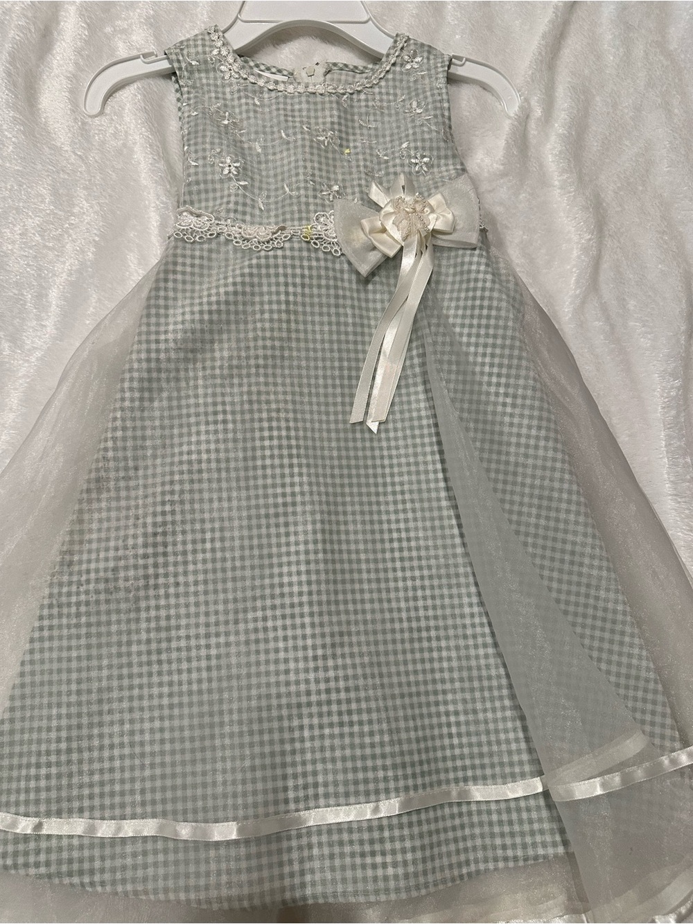 Girls Bonnie Jean Sage Green Gingham Formal Dress with Ivory Bow